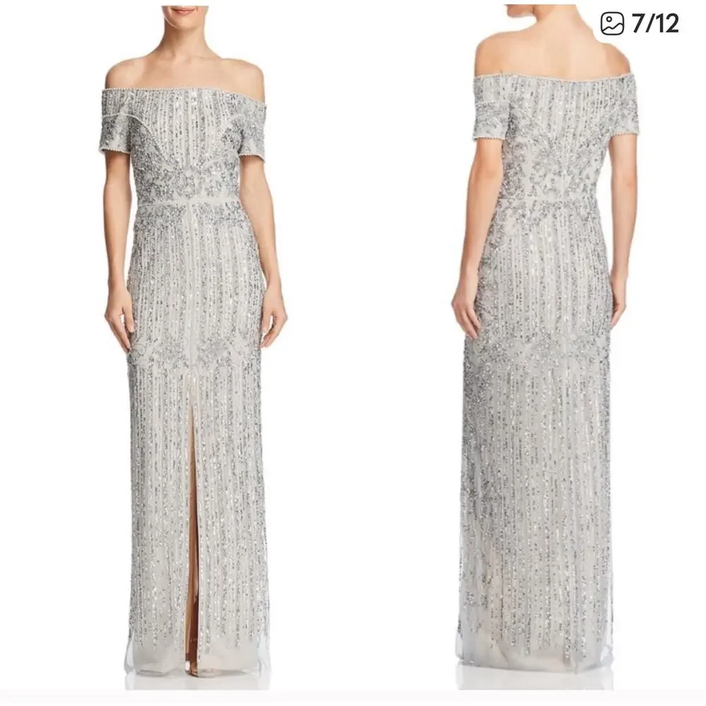 Adrianna Papell Blue Silver Long Formal Gown Dress 12 New Nwt - Picture 9 of 15
